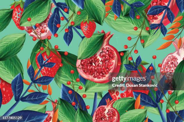 stockillustraties, clipart, cartoons en iconen met vector naadloos patroon met granaatappel en aardbeivruchten - fruit art