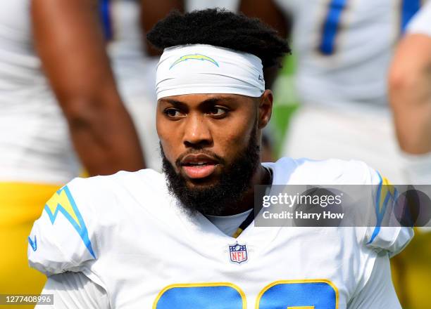 Jessie Lemonier of the Los Angeles Chargers on the sidelines during a 21-16 Carolina Panthers win at SoFi Stadium on September 27, 2020 in Inglewood,...