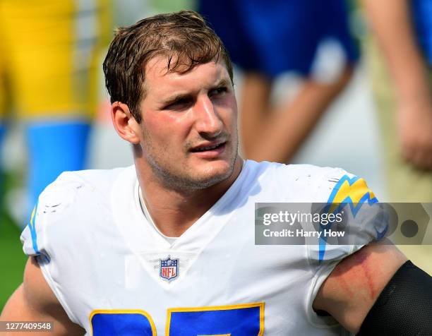 Joey Bosa of the Los Angeles Chargers on the sidelines during a 21-16 Carolina Panthers win at SoFi Stadium on September 27, 2020 in Inglewood,...