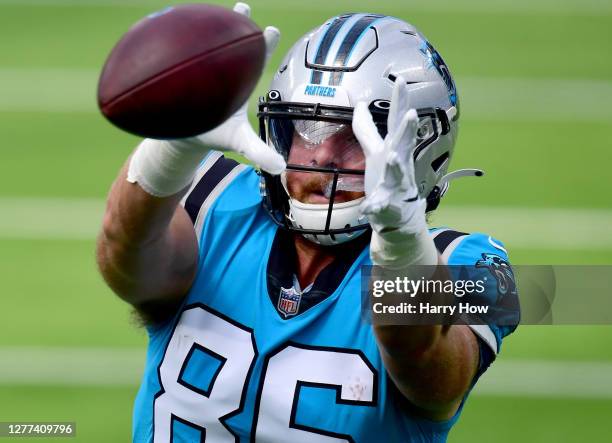 Colin Thompson of the Carolina Panthers warms up before the game against the Los Angeles Chargers at SoFi Stadium on September 27, 2020 in Inglewood,...
