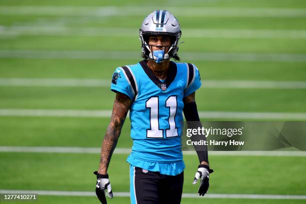 Robby Anderson of the Carolina Panthers during warm up before the game against the Los Angeles Chargers at SoFi Stadium on September 27, 2020 in...