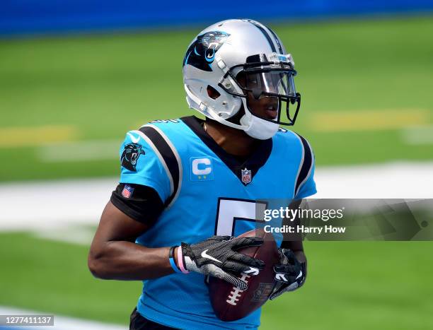 Teddy Bridgewater of the Carolina Panthers warms up before the game against the Los Angeles Chargers at SoFi Stadium on September 27, 2020 in...
