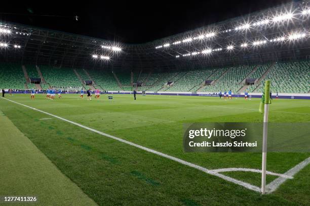 Teams warm up during the UEFA Champions League Play-Offs Second Leg match between Ferencvarosi TC and Molde FK at Ferencvaros Stadium on September...