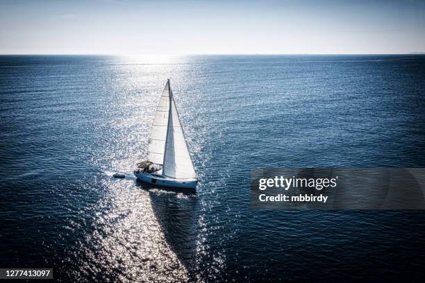 sailing with sailboat, view from drone - lifeboat stock pictures, royalty-free photos & images