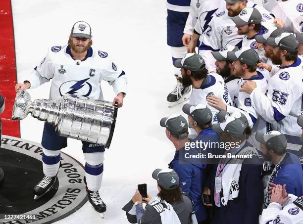 Steven Stamkos of the Tampa Bay Lightning skates with the Stanley Cup following the series-winning victory over the Dallas Stars in Game Six of the...