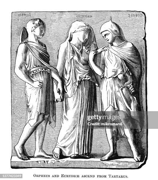engraving illustration of orpheus and eurydice ascend from tartarus (figures from the greek mythology). - orpheus stock pictures, royalty-free photos & images