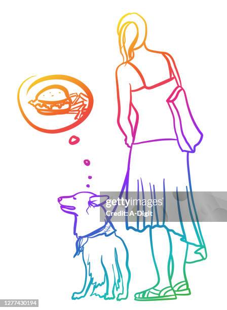 canine deep thinking rainbow - woman eating chip stock illustrations