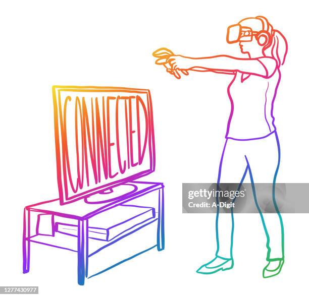 connected virtual gamer rainbow - game controller white background stock illustrations