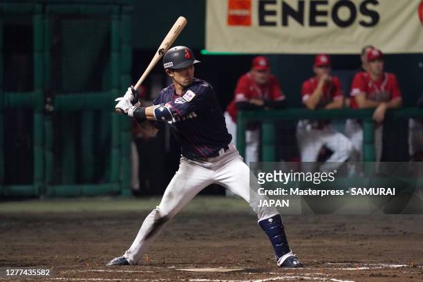 Shuta Tonosaki of Japan at bat during the game between Samurai Japan and Canada at the Okinawa Cellular Stadium Naha on November 01, 2019 in Naha,...