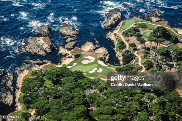 An aerial view of the 15th hole at the Cypress Point Club golf course during July 1997 in Pebble Beach, California.