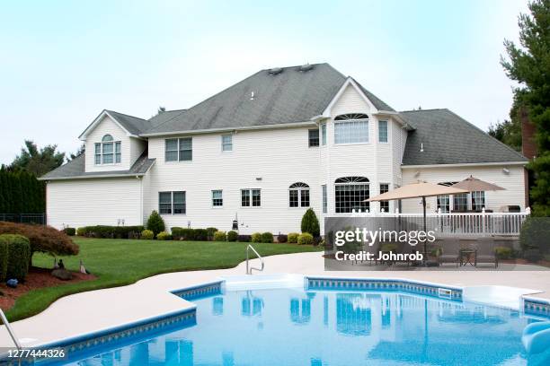 large house late summer, rear view with swimming pool - rooftop pool imagens e fotografias de stock