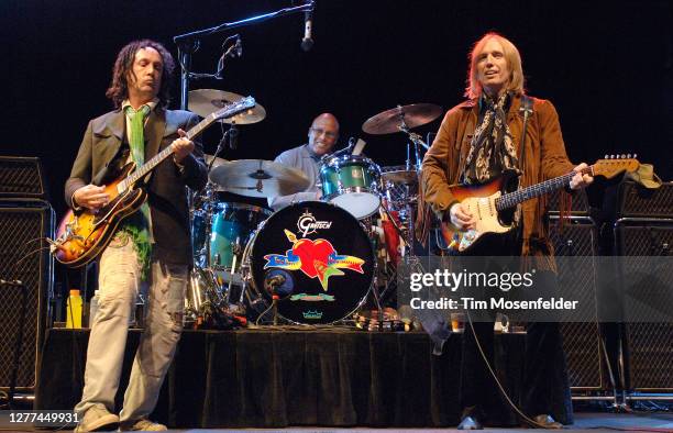 Mike Campbell, Steve Ferrone and Tom Petty of Tom Petty and the Heartbreakers perform at the Greek Theatre on September 29, 2006 in Berkeley,...