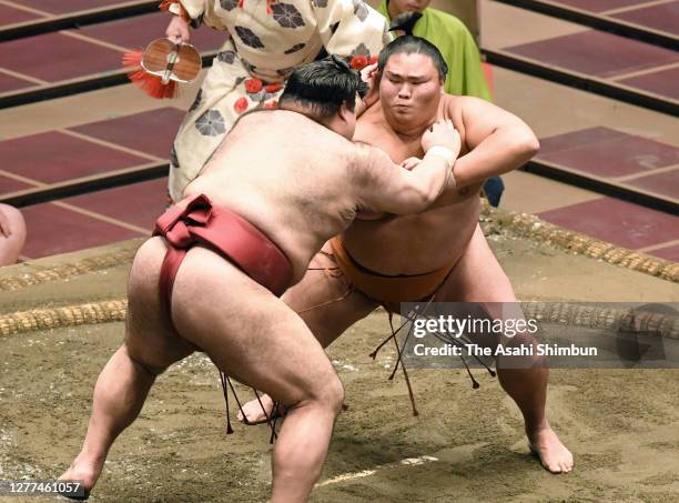 Takayasu and sekiwake Mitakeumi compete on day twelve of the Grand Sumo Autumn Tournament at Ryogoku Kokugikan on September 24, 2020 in Tokyo, Japan.