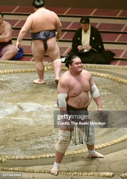 Terunofuji reacts after his defeat by Onosho on day twelve of the Grand Sumo Autumn Tournament at Ryogoku Kokugikan on September 24, 2020 in Tokyo,...