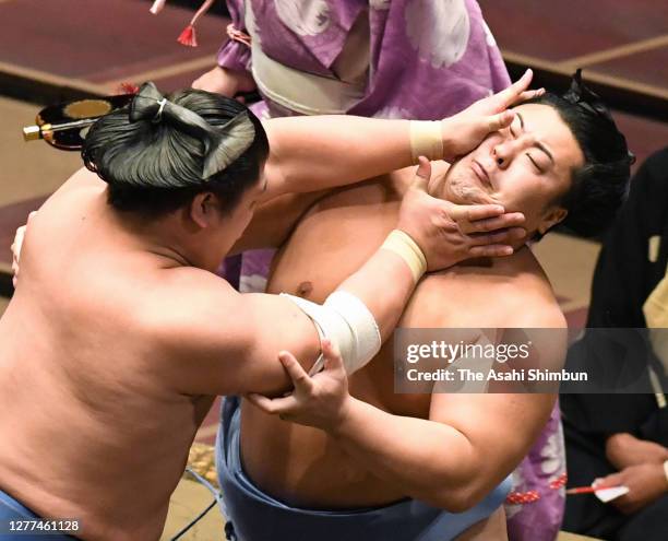 Tobizaru and Wakatakakage compete on day twelve of the Grand Sumo Autumn Tournament at Ryogoku Kokugikan on September 24, 2020 in Tokyo, Japan.