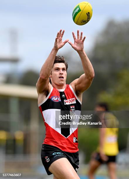 Jack Steele takes a mark during a St Kilda Saints AFL training session at Maroochydore Multi Sport Complex on September 30, 2020 in Sunshine Coast,...