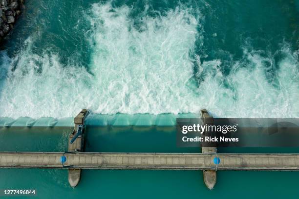 aerial view from water barrage - damm stock-fotos und bilder