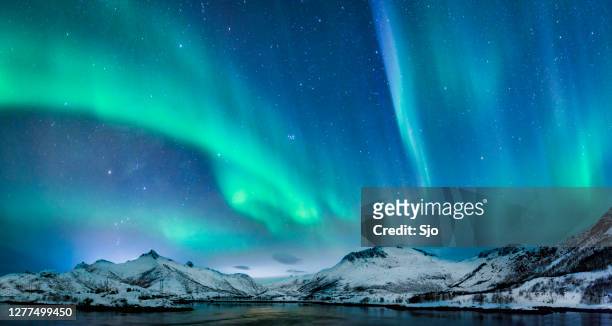 aurora boreal en el cielo oscuro de la noche sobre las montañas nevadas en el lofoten - aurora fotografías e imágenes de stock