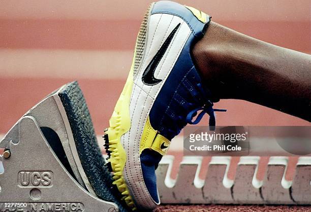 Nike running spike on the starintg blocks for the start of the 400m during the Bupa AAA's Championships at the Alexander Stadium in Birmingham,...