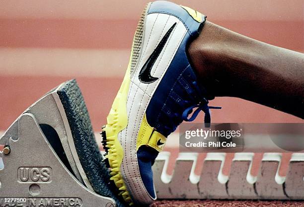 Nike running spike on the starintg blocks for the start of the 400m during the Bupa AAA's Championships at the Alexander Stadium in Birmingham,...