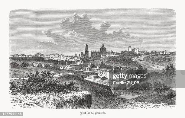 jerez de la frontera, andalusia, spain, wood engraving, published 1893 - jerez de la frontera spain stock illustrations