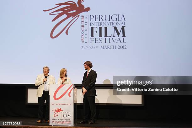 Pennebaker, Chris Hegedus, David Nugent attend the D.A. Pennebaker And Chris Hegedus Tribute during the Perugia International Film Festival on...