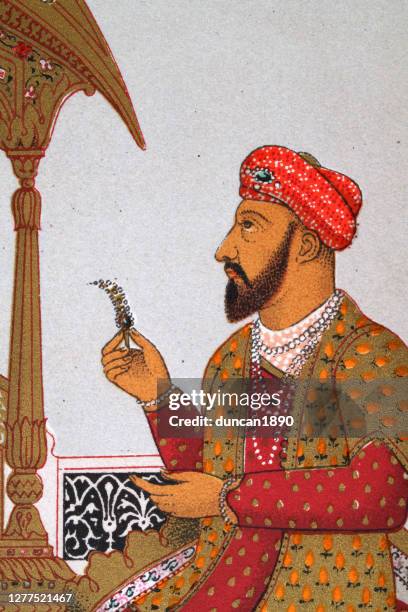 mughal indian noble holding a flower, 19th century - indian painting stock illustrations