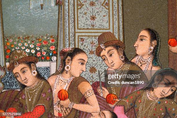 stockillustraties, clipart, cartoons en iconen met indische vrouwen van een seraglio, het imperium mughal, 19de eeuw - indian painting