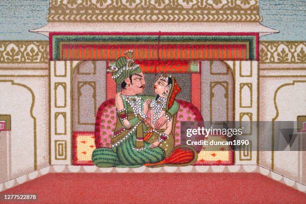 indian couple in the palace of delights, mughal india - indian painting stock illustrations