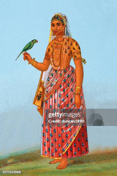costume of a maratha indian woman holding parrot - indian painting stock illustrations