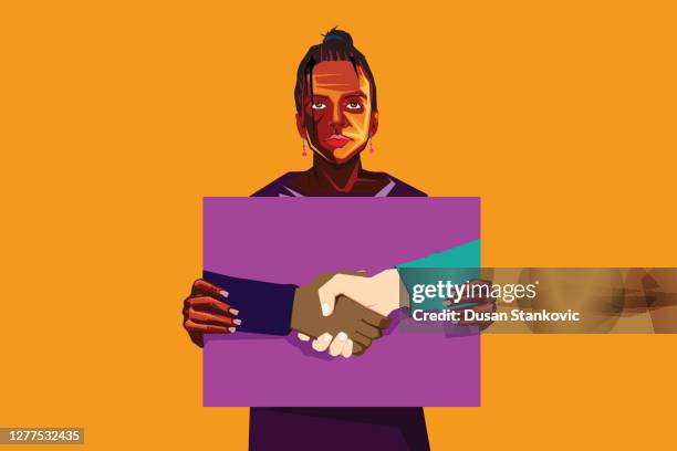 afroamerikanerin mit einem plakat zum kampf gegen rassismus - respekt stock-grafiken, -clipart, -cartoons und -symbole