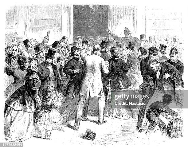 in front of the london bank overend, gurney and company which collapsed on may 11, 1866 - vintage stock exchange stock illustrations