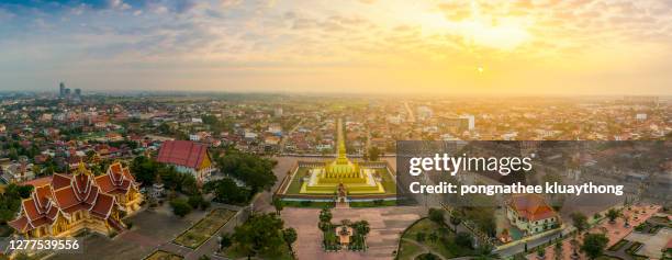 aerial view panorama of temple phra that luang, vientiane, laos. - laos vientiane stock-fotos und bilder