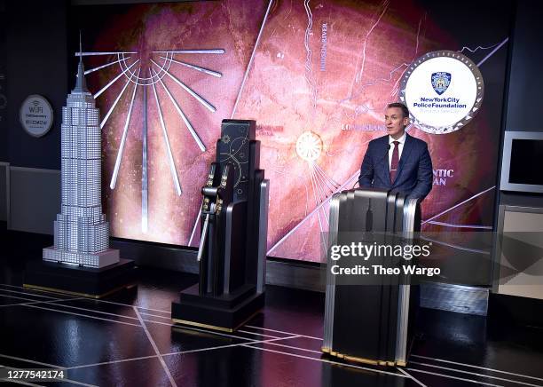 Police Commissioner Dermot Shea speaks during the NY Police Foundation Lighting Ceremony at The Empire State Building on September 18, 2020 in New...
