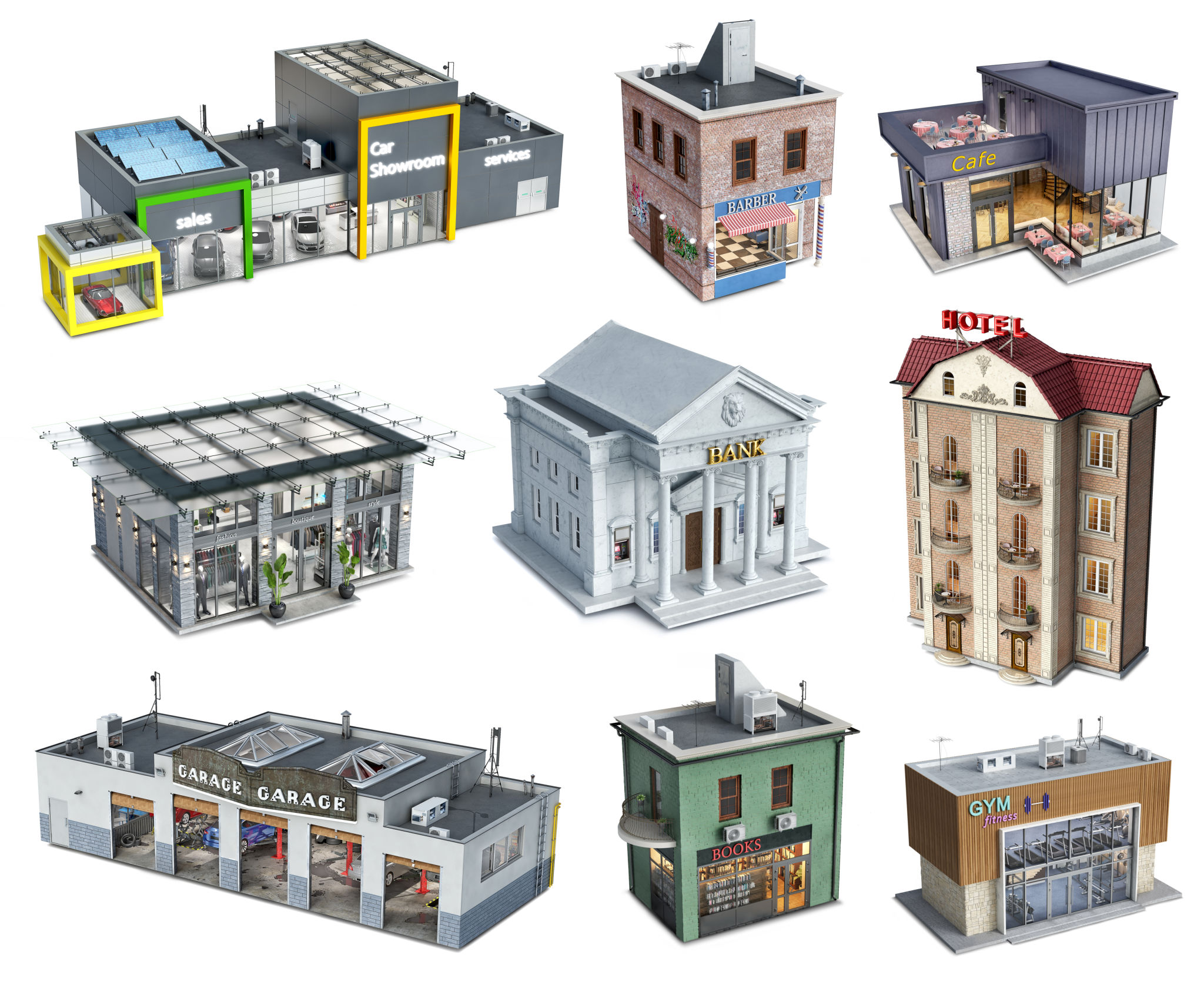 Public buildings set on white background, 3d illustration Public buildings set on white background, 3d illustration