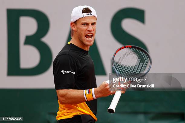 Diego Schwartzman of Argentina celebrates after winning the second set during his Men's Singles second round match against Lorenzo Giustino of Italy...