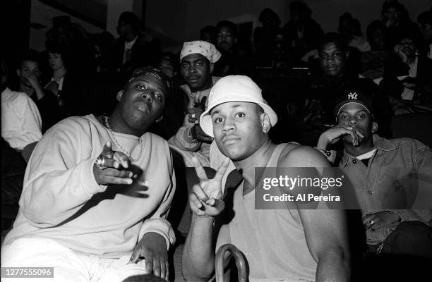 Rapper LL Cool J relaxes with EPMD and Special Ed when they perform at "Rapmania: The Roots Of Rap" concert extravaganza at The Apollo Theater on...