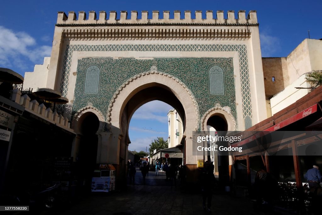 Blue gate at the entrance of Fes medina (old city), Morocco.