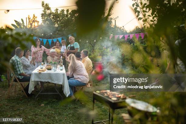 multi-generation family and friends celebrating grandmother's birthday at backyard during beautiful summer day - backyard bbq imagens e fotografias de stock