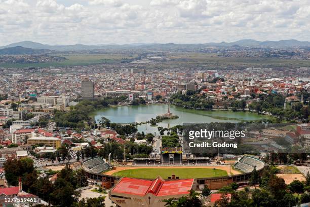 View over Antananarivo with the stadium and lake Anosy. Antananarivo. Madagascar.