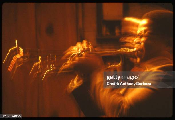 American Jazz musician and composer Terence Blanchard plays trumpet as he performs onstage at the Sweet Basil Jazz Club, New York, New York, 1980s.
