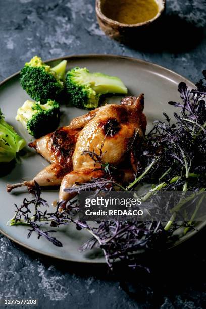 Roasted grilled butterfly quail on ceramic plate with garnish green salad and broccoli. Pepper mill and olive oil over black concrete background..