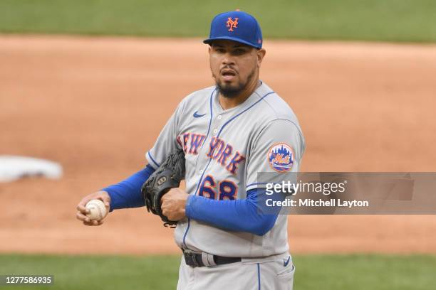 Dellin Betances of the New York Mets pitches during a baseball game against the Washington Nationals at Nationals Park on September 27, 2020 in...