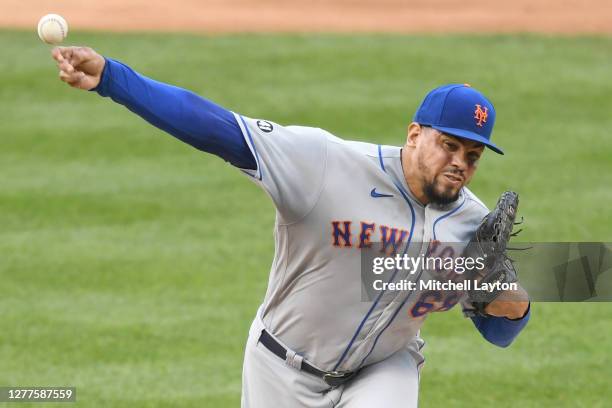 Dellin Betances of the New York Mets pitches during a baseball game against the Washington Nationals at Nationals Park on September 27, 2020 in...