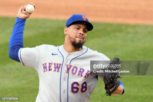 Dellin Betances of the New York Mets pitches during a baseball game against the Washington Nationals at Nationals Park on September 27, 2020 in...