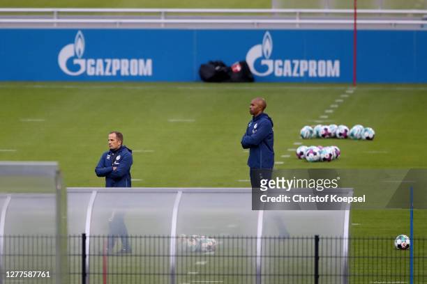 Head coach Manuel Baum and Naldo, assistant coach attend the training session of FC Schalke 04 at Parkstadion on September 30, 2020 in Gelsenkirchen,...