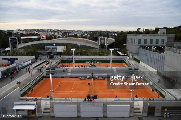 General view of Court 7 with Court Suzanne Lenglen in the background on day four of the 2020 French Open at Roland Garros on September 30, 2020 in...