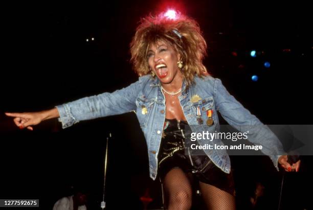 American-Swiss singer and actress, Tina Turner performs at the Joe Louis Arena during her "Private Dancer Tour" on August 18 in Detroit, Michigan.