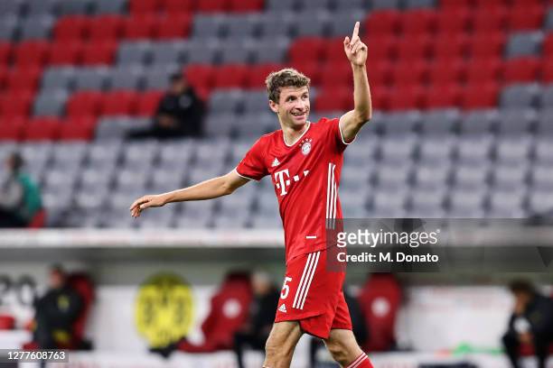 Thomas Mueller of FC Bayern Muenchen celebrates after scoring his team's second goal during the Supercup 2020 match between FC Bayern München and...