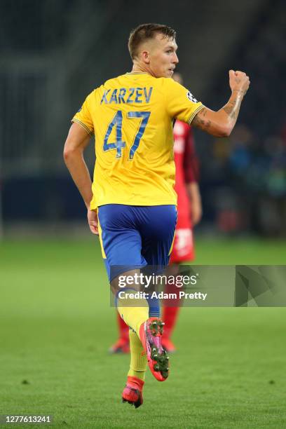 Eden Karzev of Maccabi Tel-Aviv celebrates after scoring his sides first goal during the UEFA Champions League Play-Off second leg match between RB...